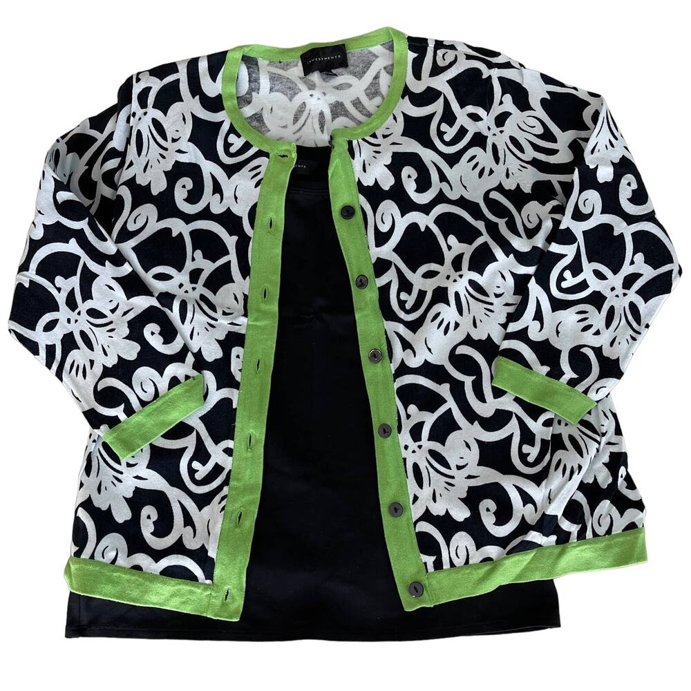 Investments 3/4 Sleeve Geometric Design Cardigan and Black Knit Tank, Ladies XL